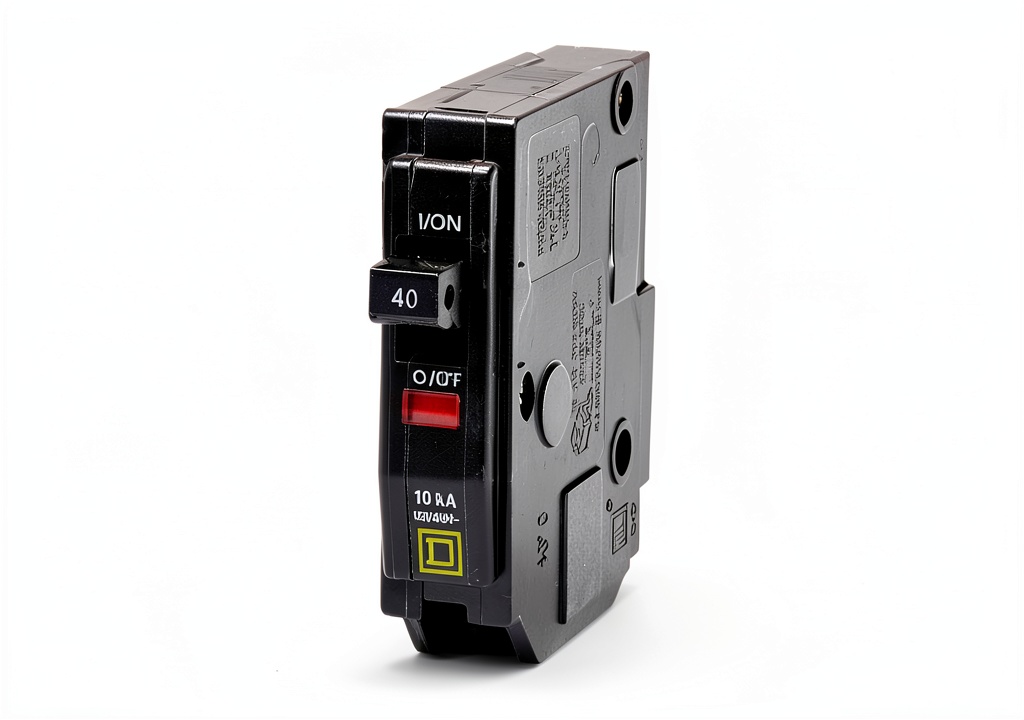 Square D QO140CP circuit breaker showing Visi-Trip indicator and plug-in design