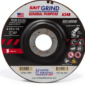 United Abrasives-SAIT 20063 A24R General Purpose/Long Life Grinding Wheel (Type 27/Depressed Center) 4 1/2" x 1/4" x 7/8", 25-Pack-0